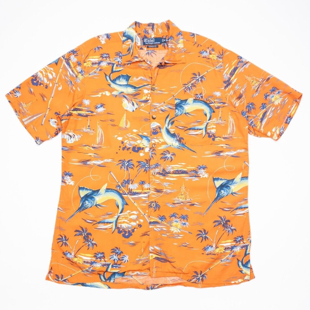 Vintage Polo Ralph Lauren Camp Shirt Men's Size XL Marlin Hawaiian Button Up 90s
